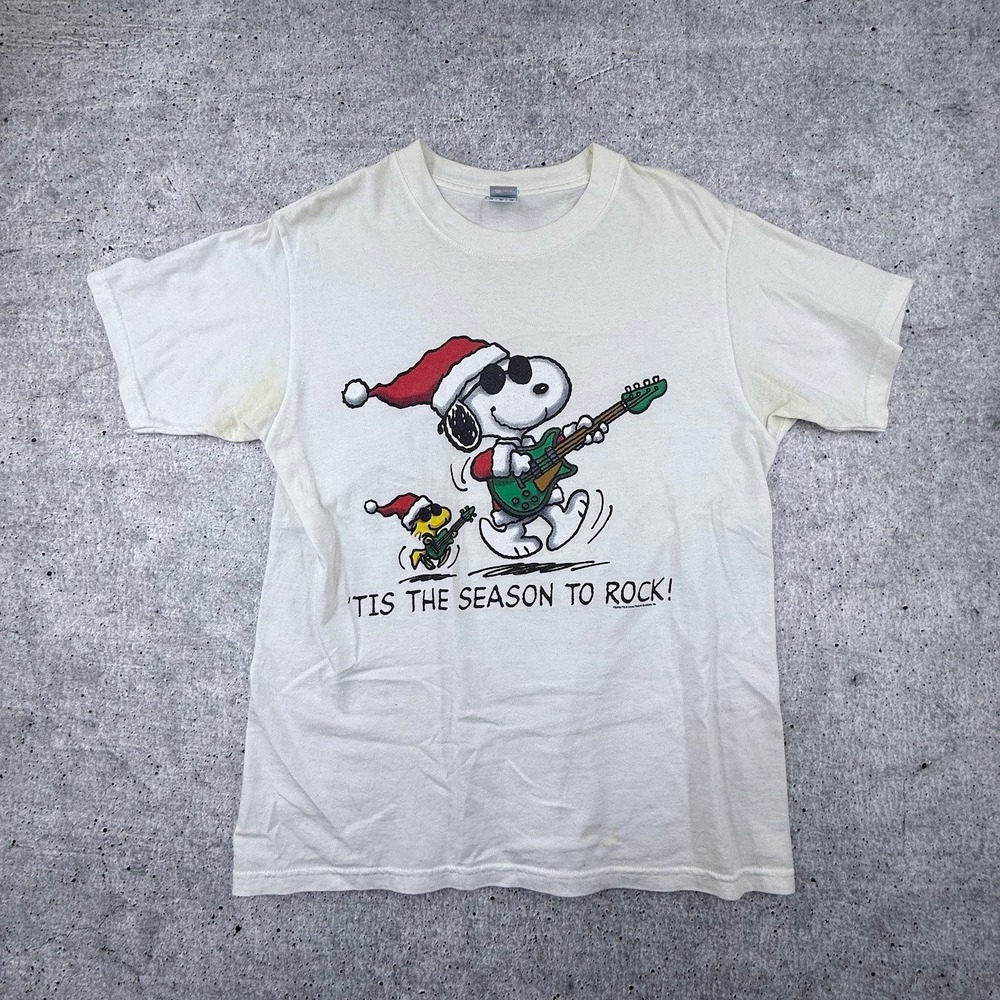Y2K Peanuts Snoopy & Woodstock Tis The Season To Rock Christmas‎ T-Shirt Adult M